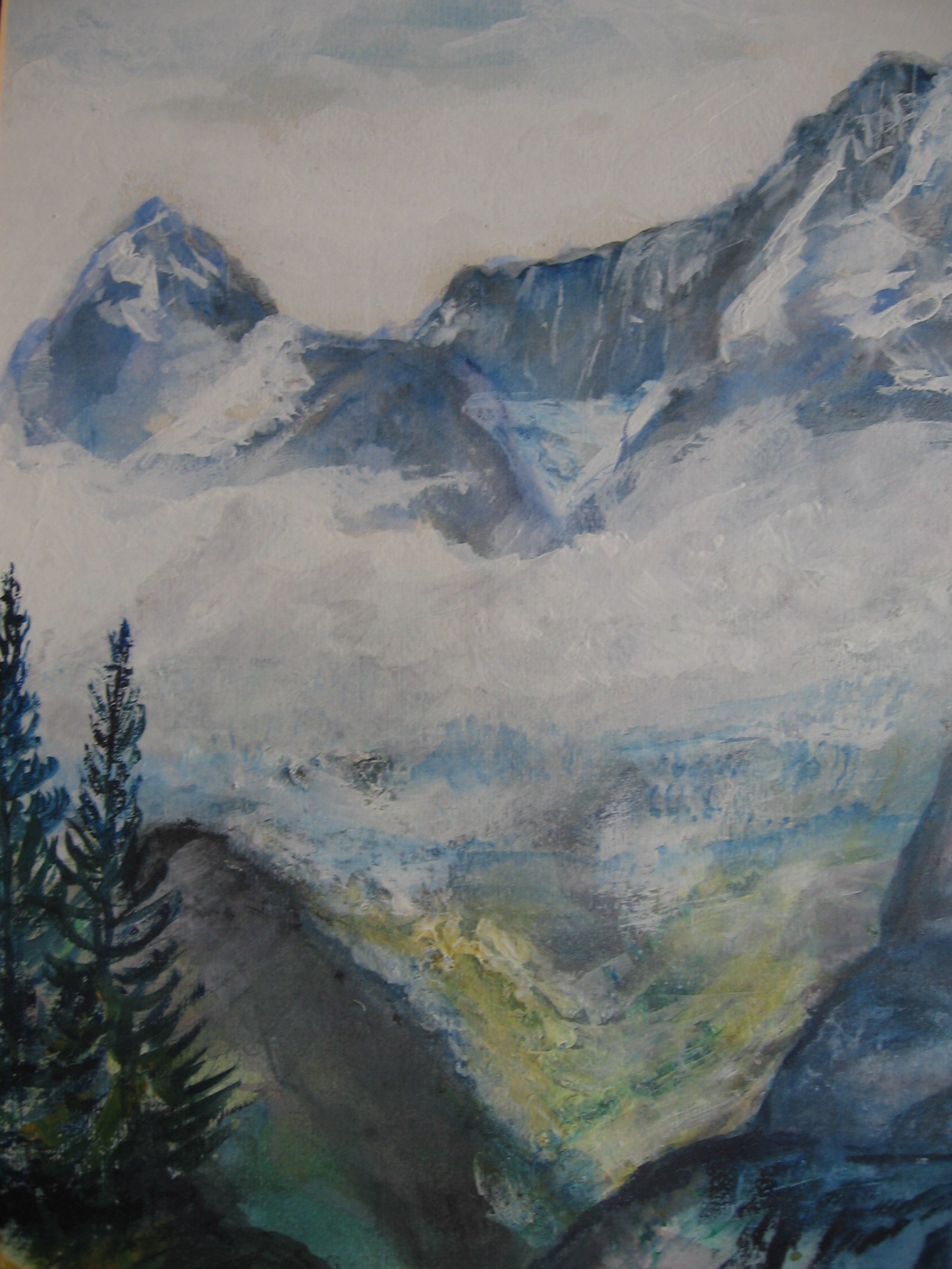 a painting of mountains and trees